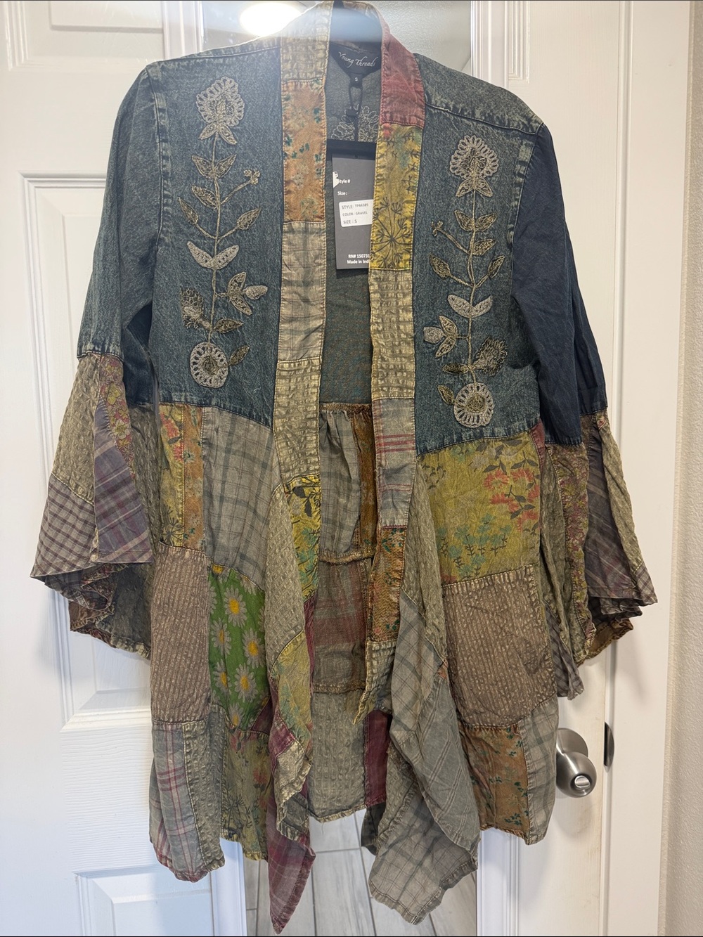 Johnny Was Multicolor Patchwork Embroidered Denim Kimono Jacket